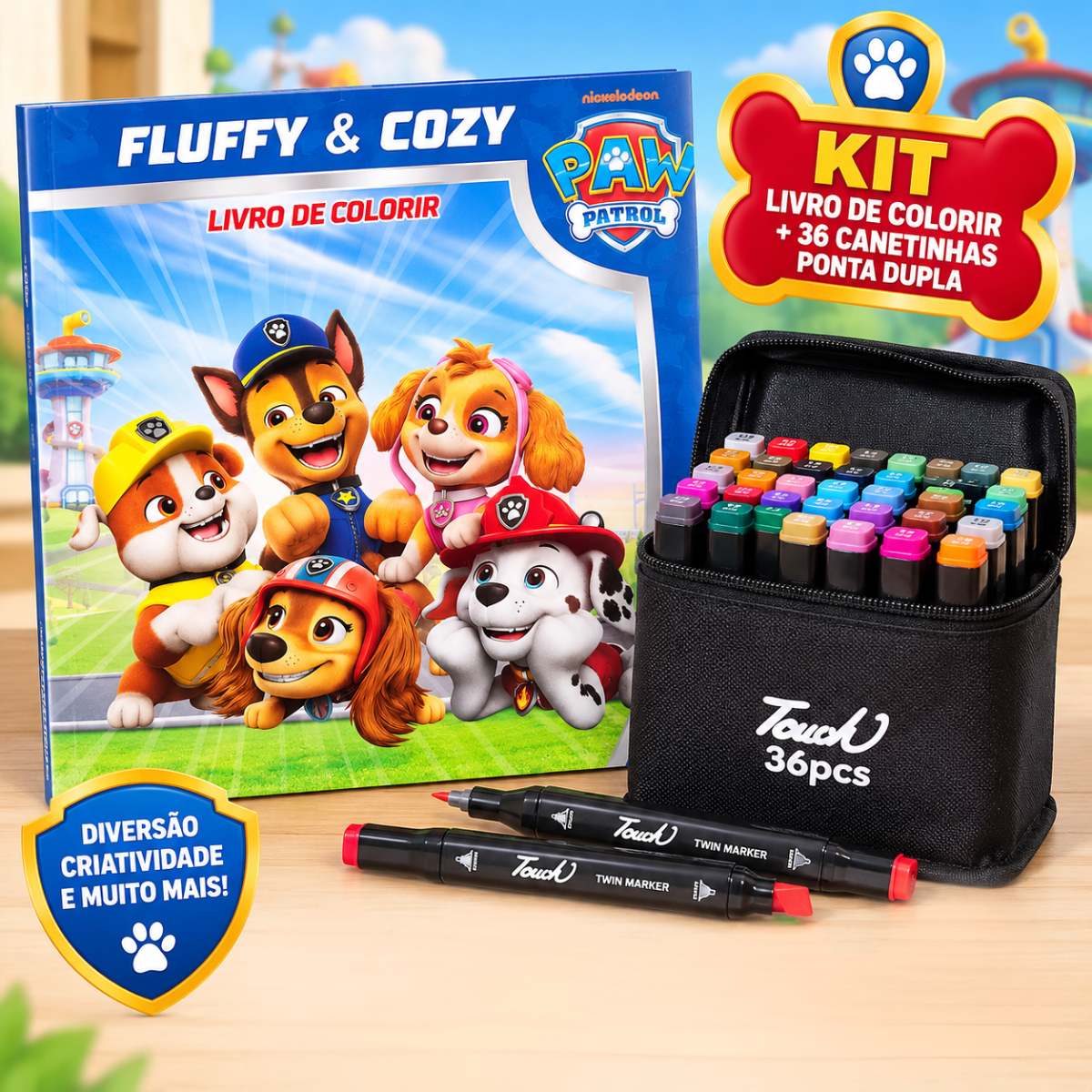 Livro de colorir Patrulha Canina ao lado de estojo aberto com canetinhas e duas canetinhas em primeiro plano.